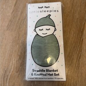 Little Sleepies Bamboo Swaddle and Hat Set - Mint and White